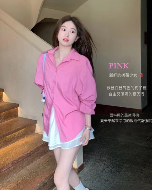 Casual long sleeve tops wears outside pink shirt for women