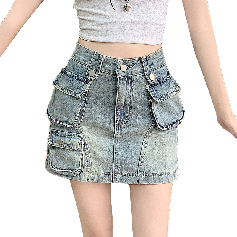 Retro pure cotton denim work clothing pleated summer skirt