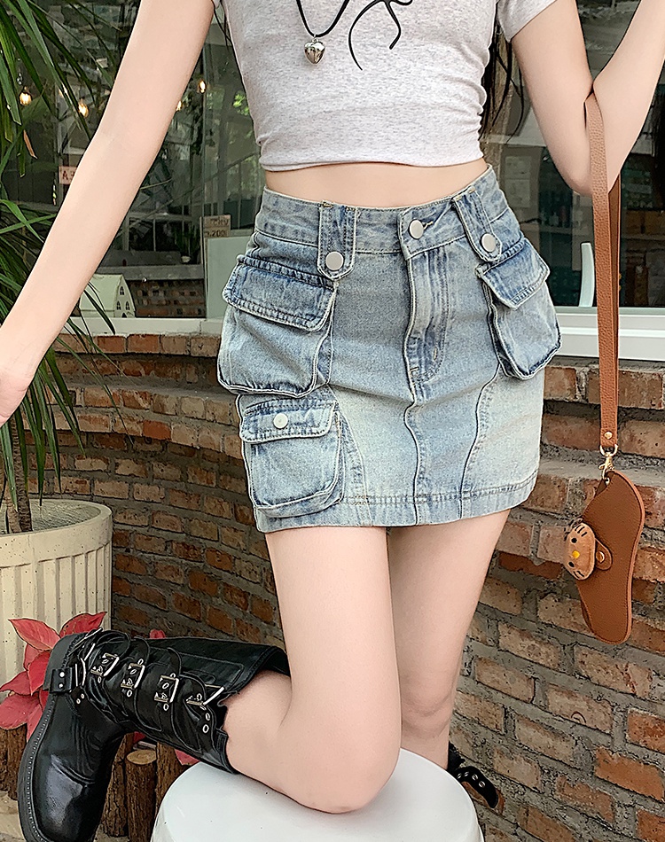 Retro pure cotton denim work clothing pleated summer skirt