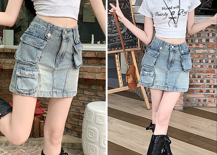 Retro pure cotton denim work clothing pleated summer skirt