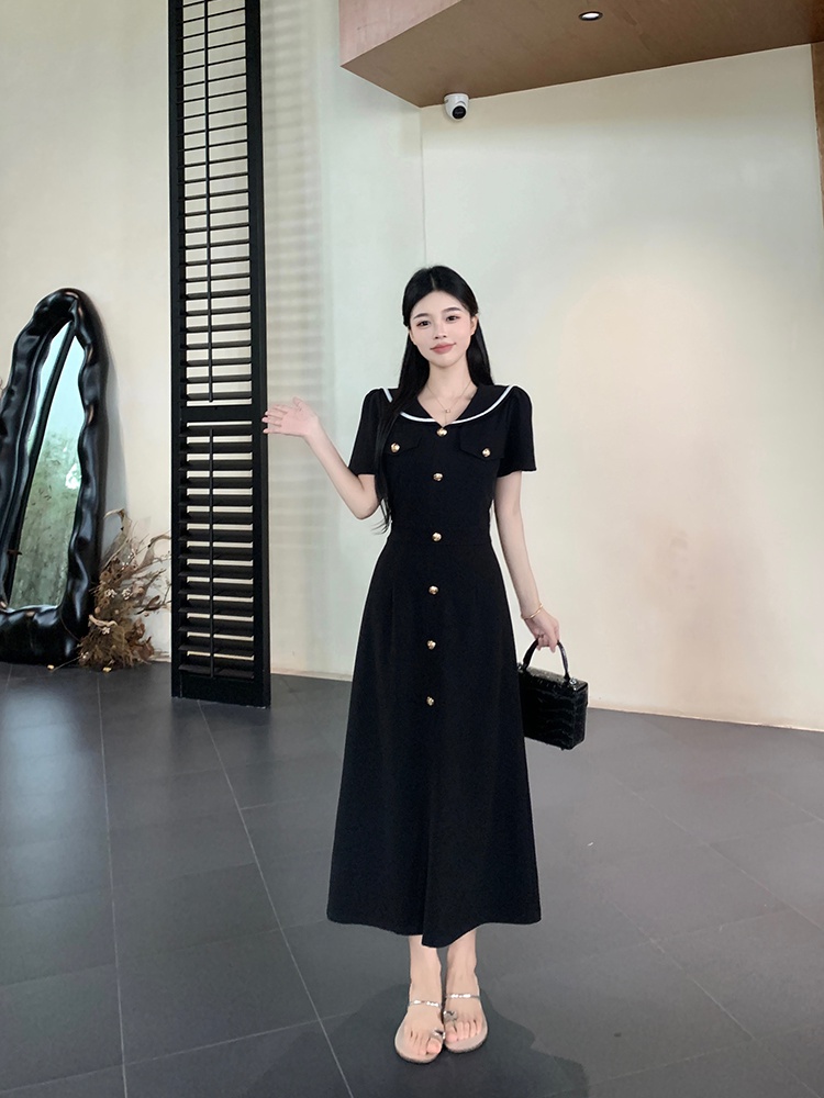 France style college style navy collar slim fat dress