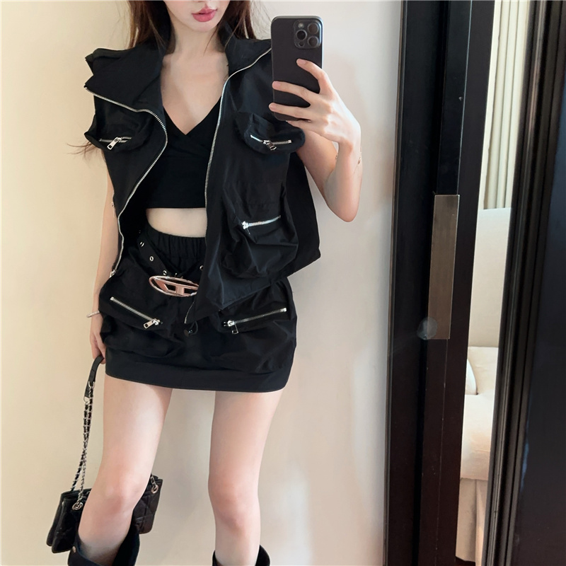 High waist short skirt pocket coat a set for women