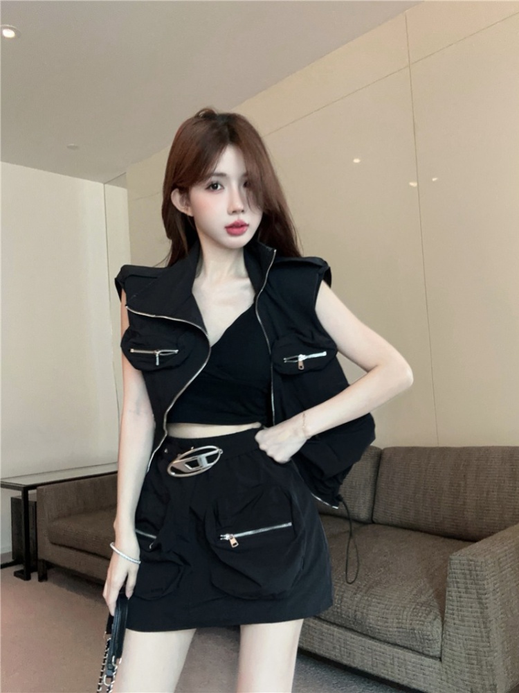 High waist short skirt pocket coat a set for women