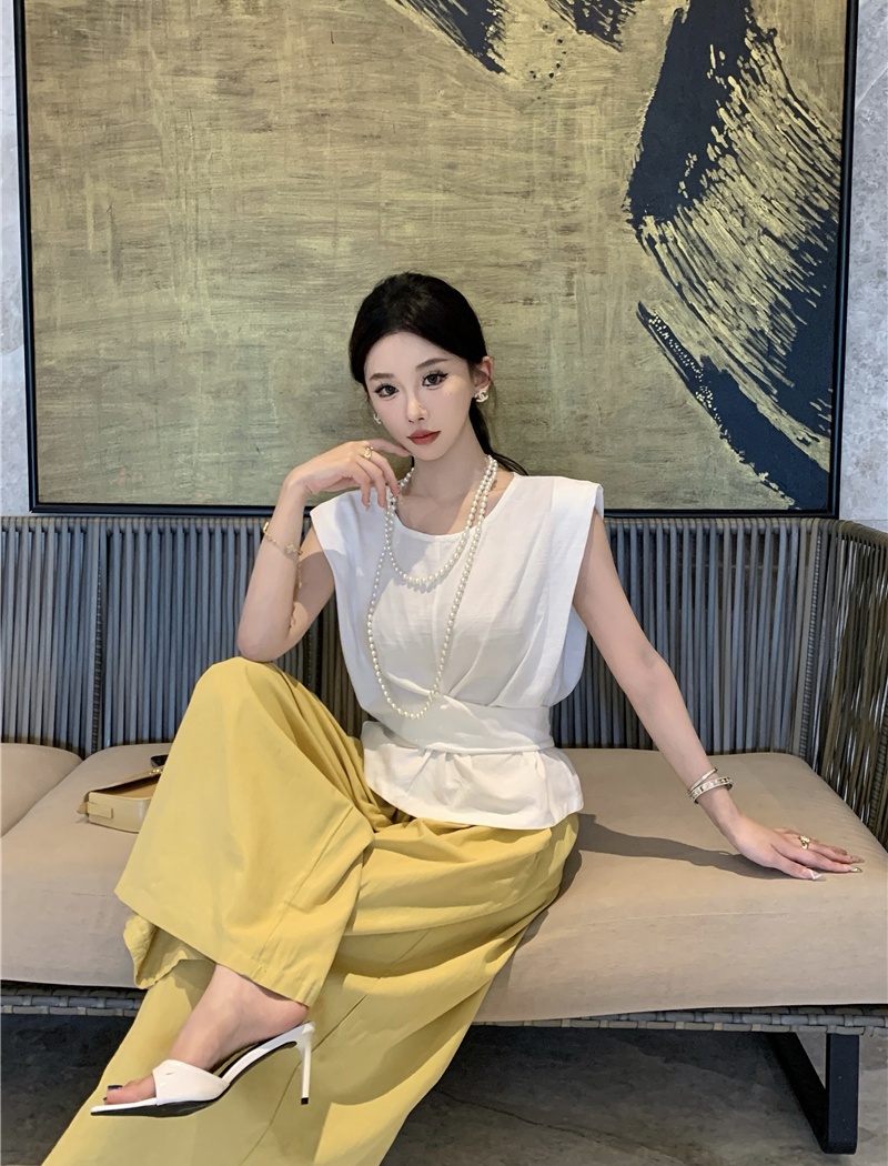 Summer sleeveless wide leg pants bow temperament shirt