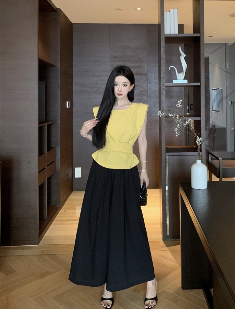 Summer sleeveless wide leg pants bow temperament shirt