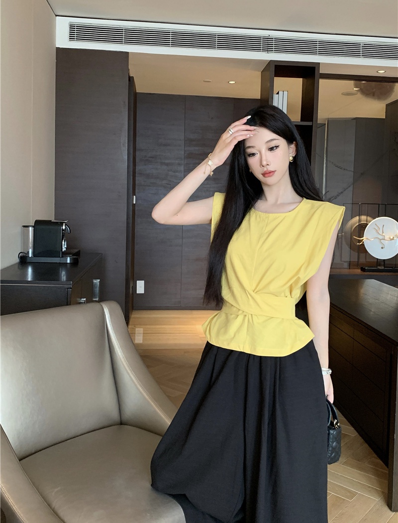 Summer sleeveless wide leg pants bow temperament shirt