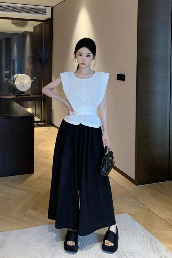 Summer sleeveless wide leg pants bow temperament shirt