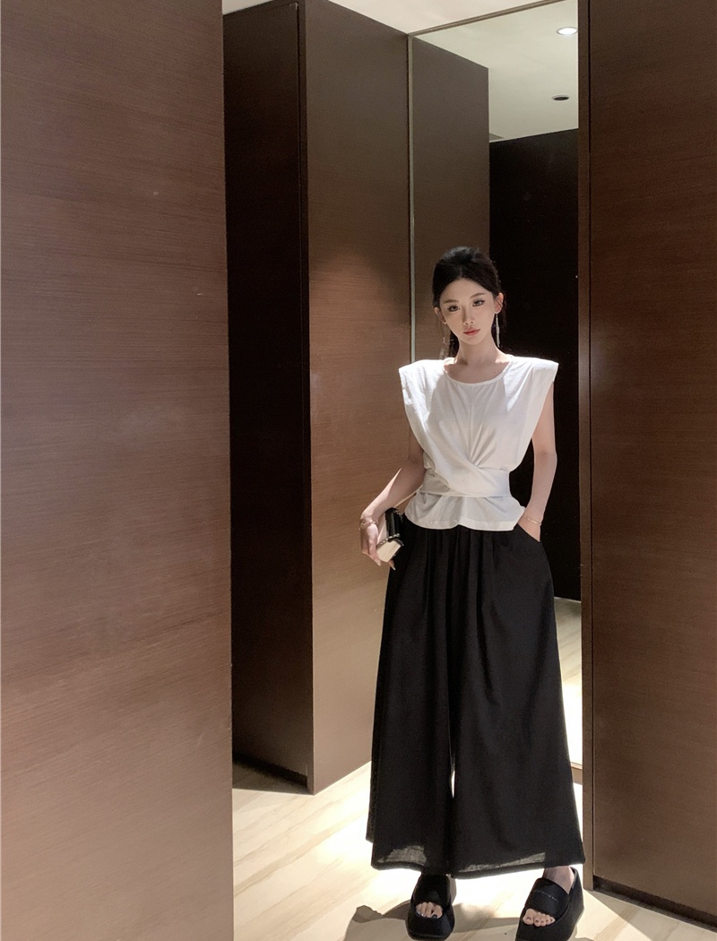 Summer sleeveless wide leg pants bow temperament shirt