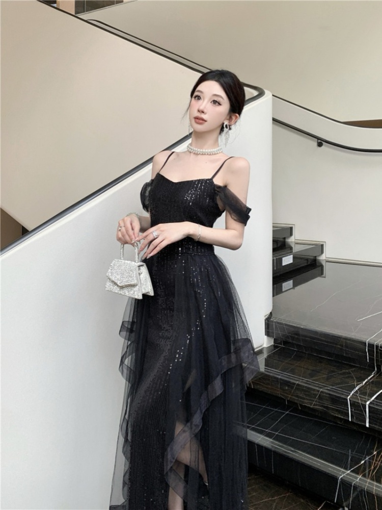 Black niche split sling sexy ladies dress