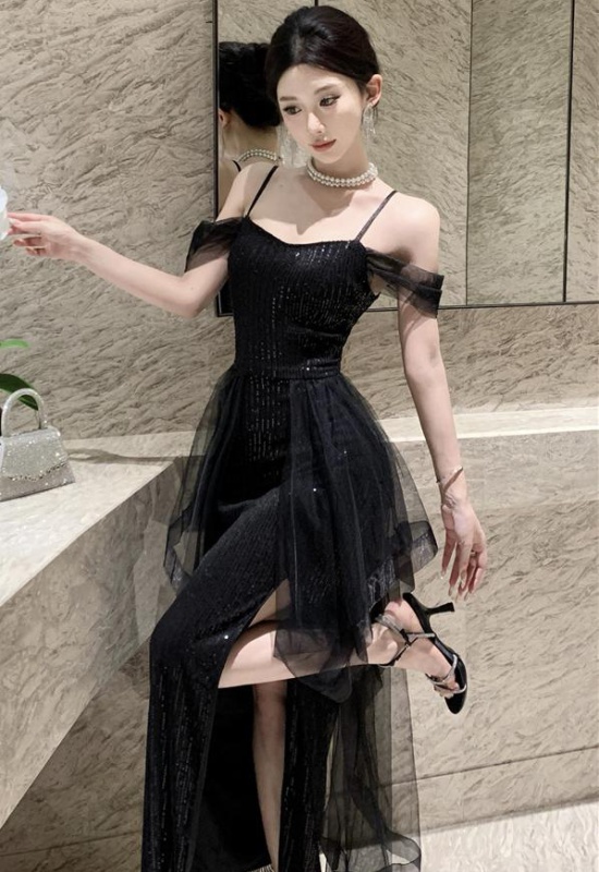 Black niche split sling sexy ladies dress