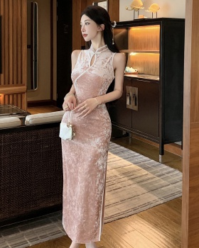 Pink long velvet cheongsam slim sleeveless retro dress
