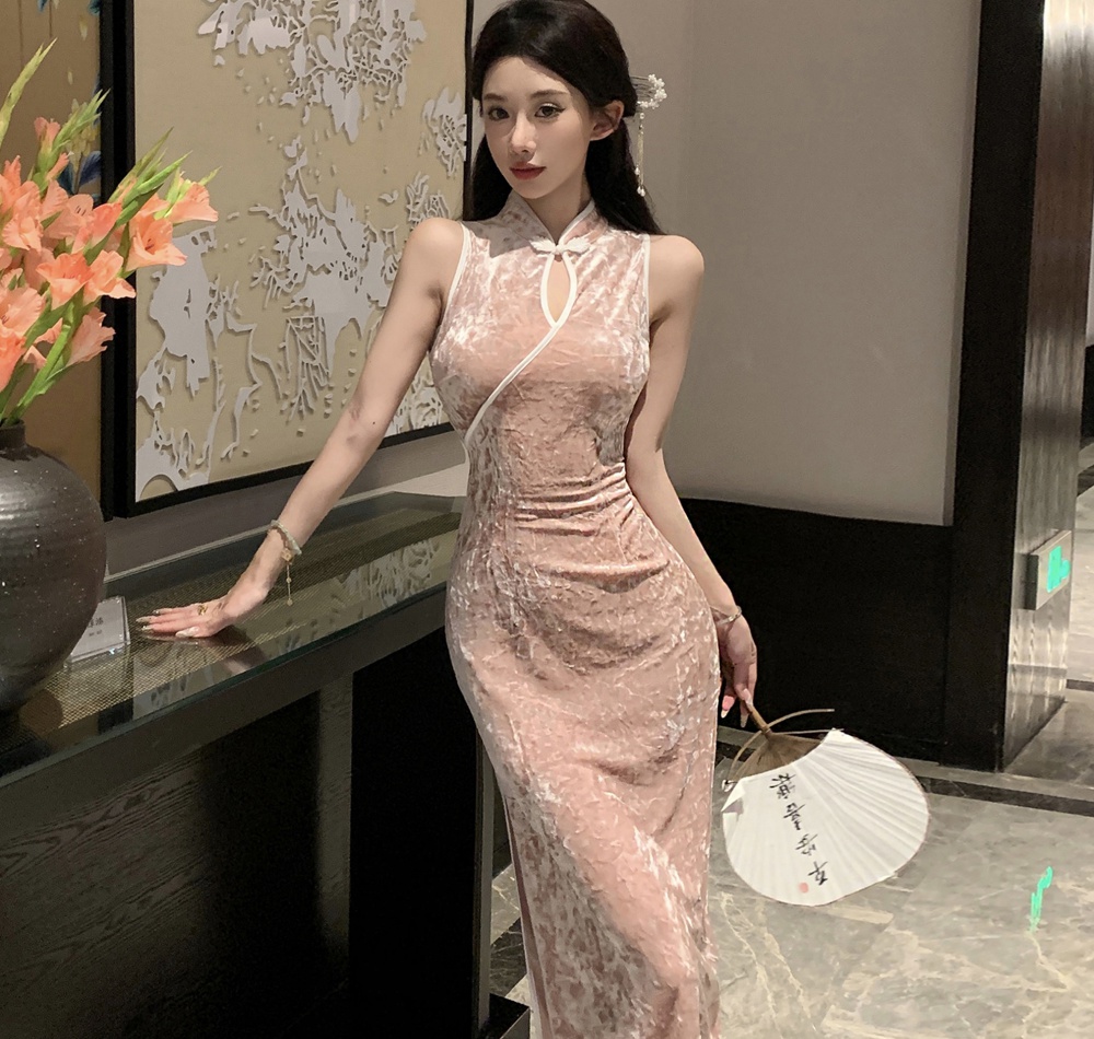 Pink long velvet cheongsam slim sleeveless retro dress