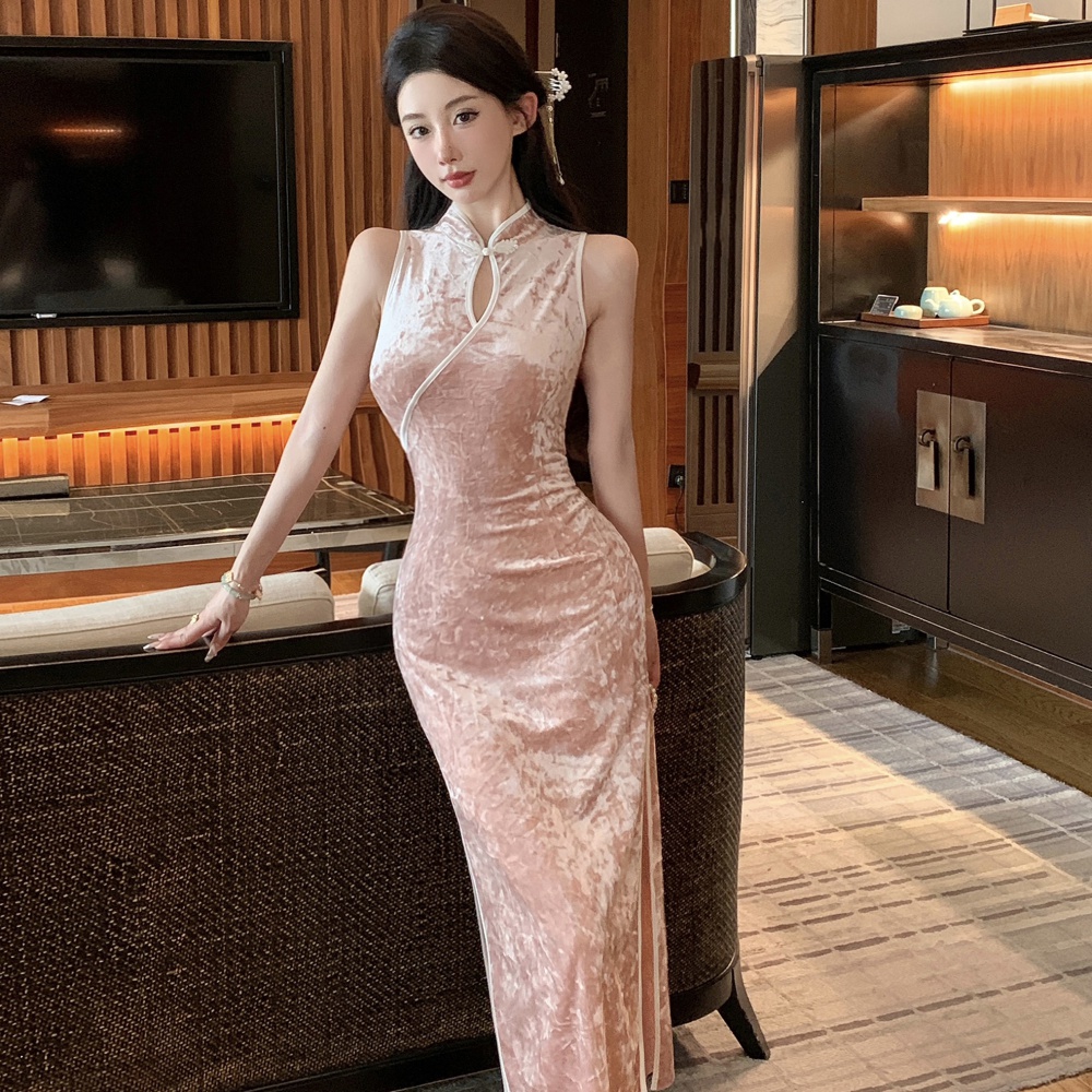 Pink long velvet cheongsam slim sleeveless retro dress