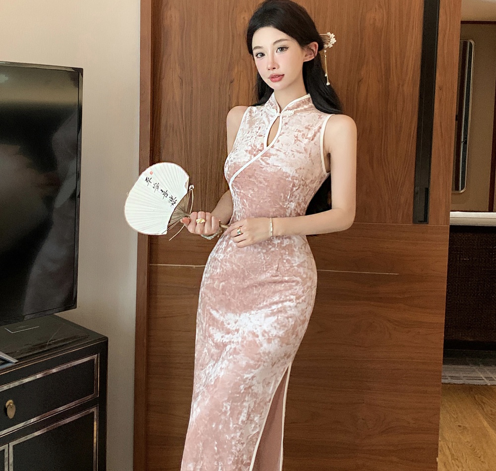 Pink long velvet cheongsam slim sleeveless retro dress