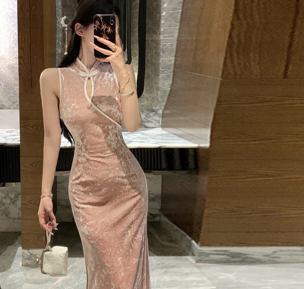 Pink long velvet cheongsam slim sleeveless retro dress