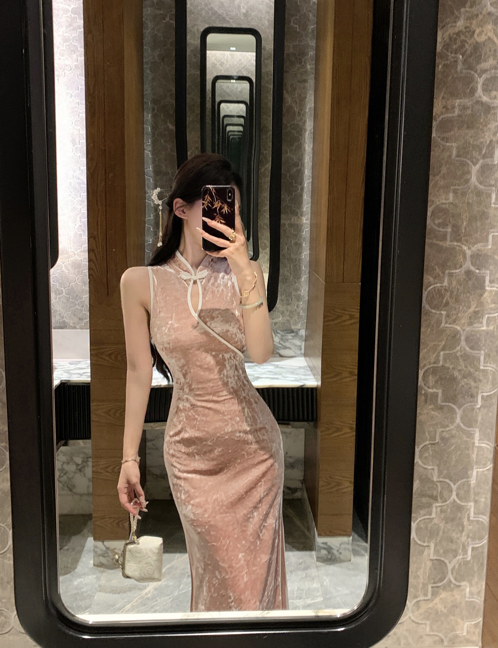 Pink long velvet cheongsam slim sleeveless retro dress