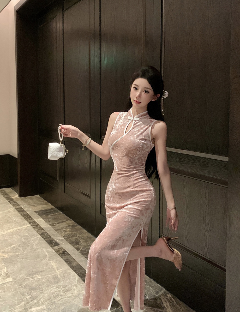 Pink long velvet cheongsam slim sleeveless retro dress