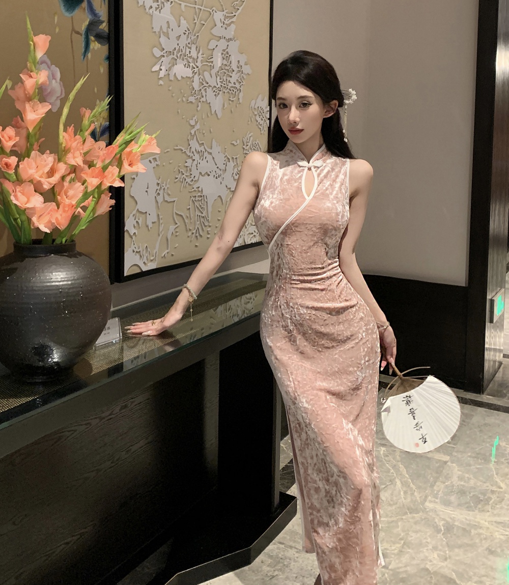 Pink long velvet cheongsam slim sleeveless retro dress