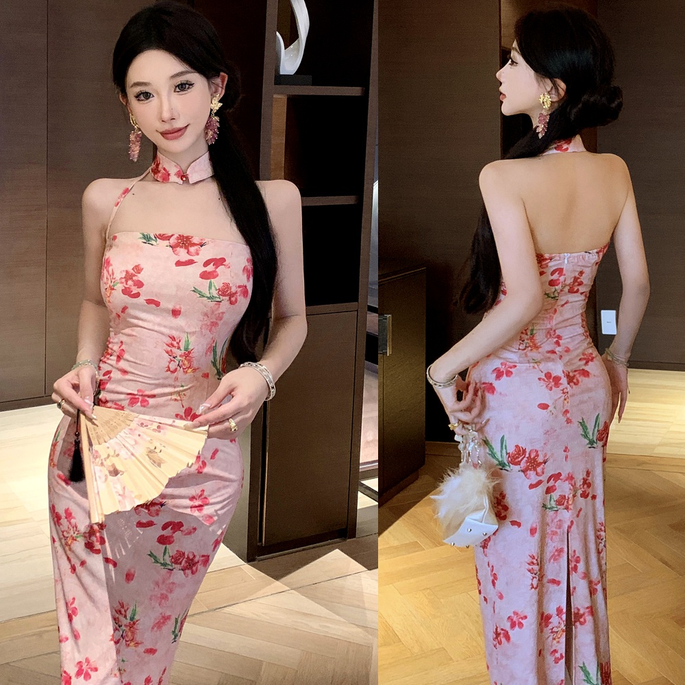 Slim strapless long cheongsam halter sling split dress