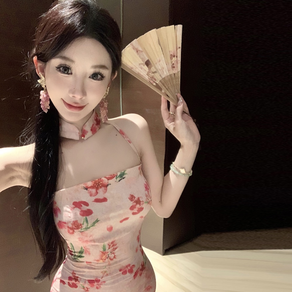 Slim strapless long cheongsam halter sling split dress