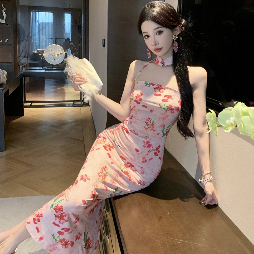 Slim strapless long cheongsam halter sling split dress