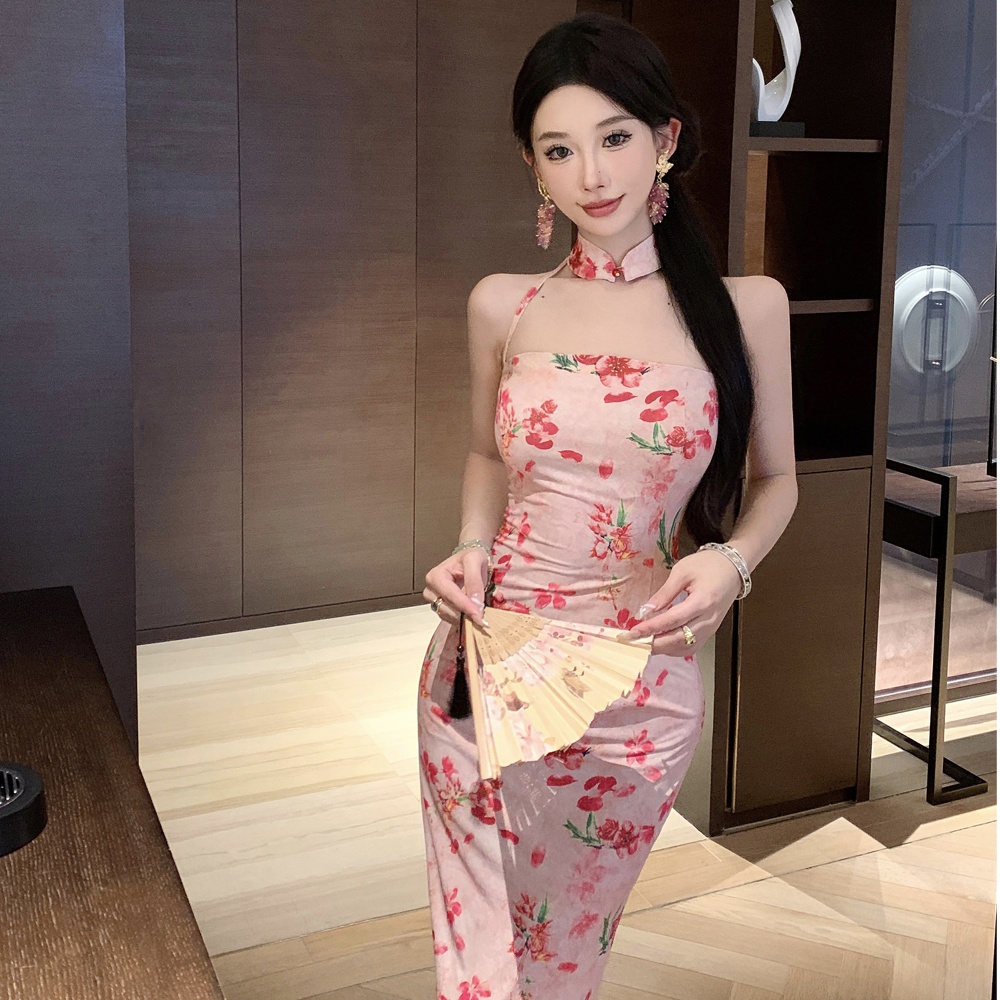 Slim strapless long cheongsam halter sling split dress