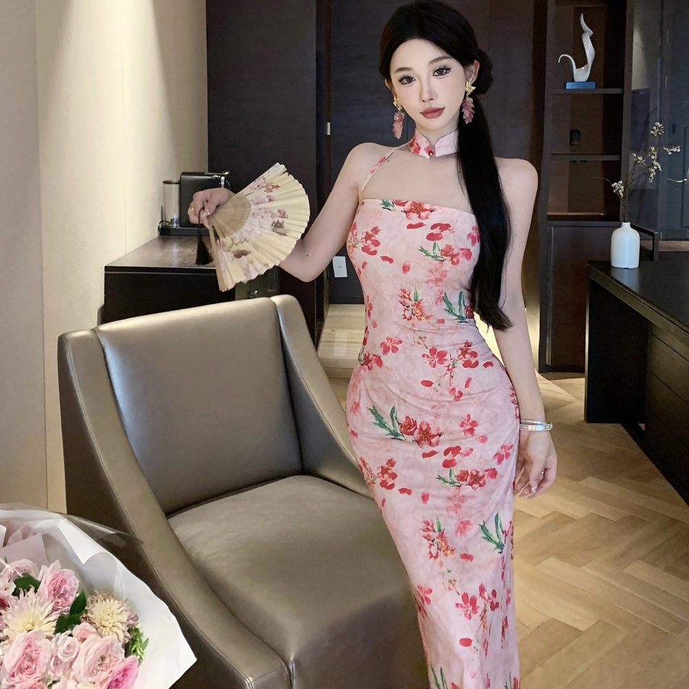 Slim strapless long cheongsam halter sling split dress