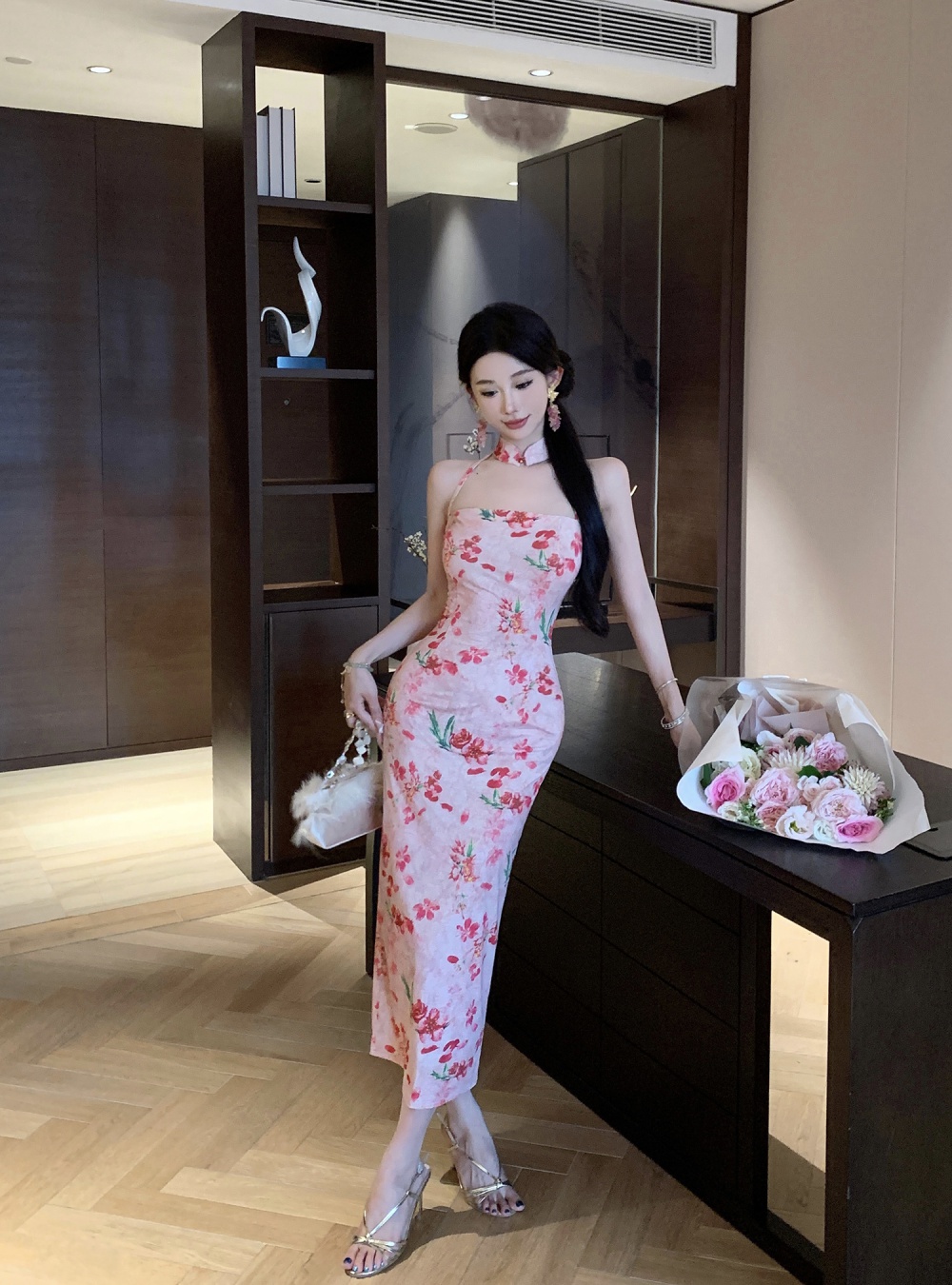 Slim strapless long cheongsam halter sling split dress