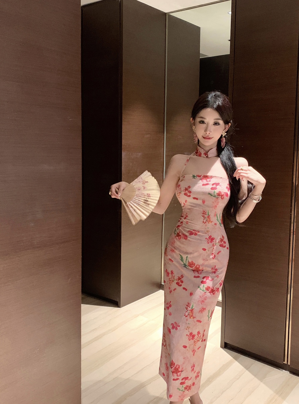 Slim strapless long cheongsam halter sling split dress