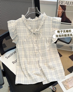 Bow plaid small shirt pinched waist shirt for women