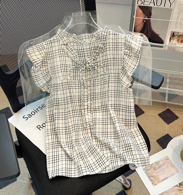 Bow plaid small shirt pinched waist shirt for women