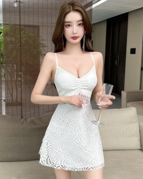 Lotus leaf edges strap dress lace dress for women