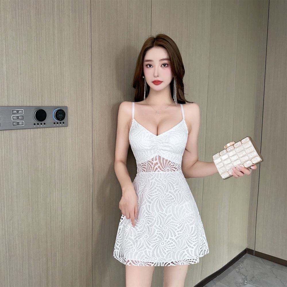 Lotus leaf edges strap dress lace dress for women