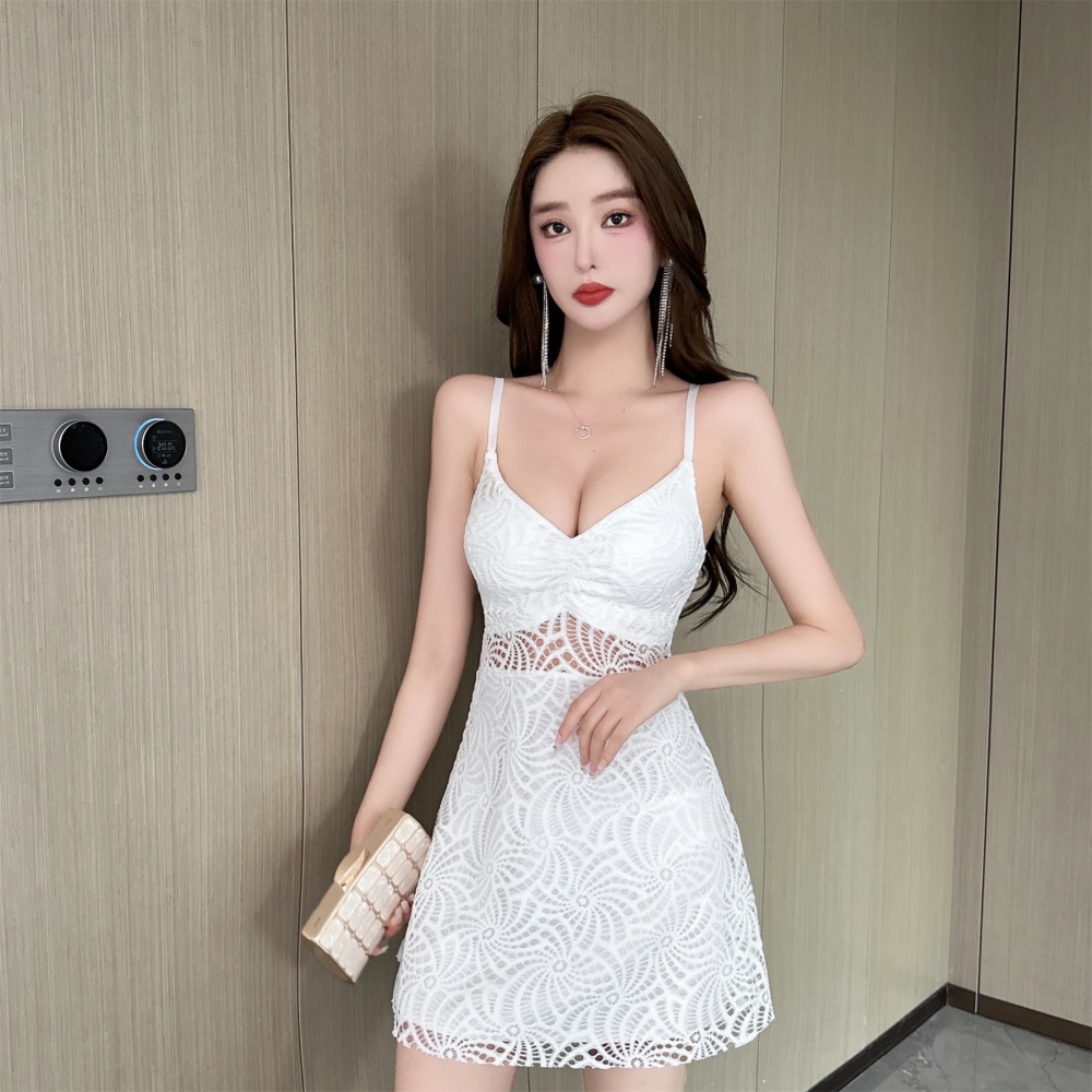 Lotus leaf edges strap dress lace dress for women