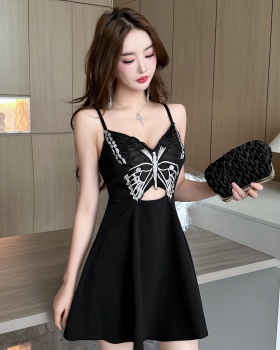 Hollow big skirt butterfly lace pinched waist sling dress