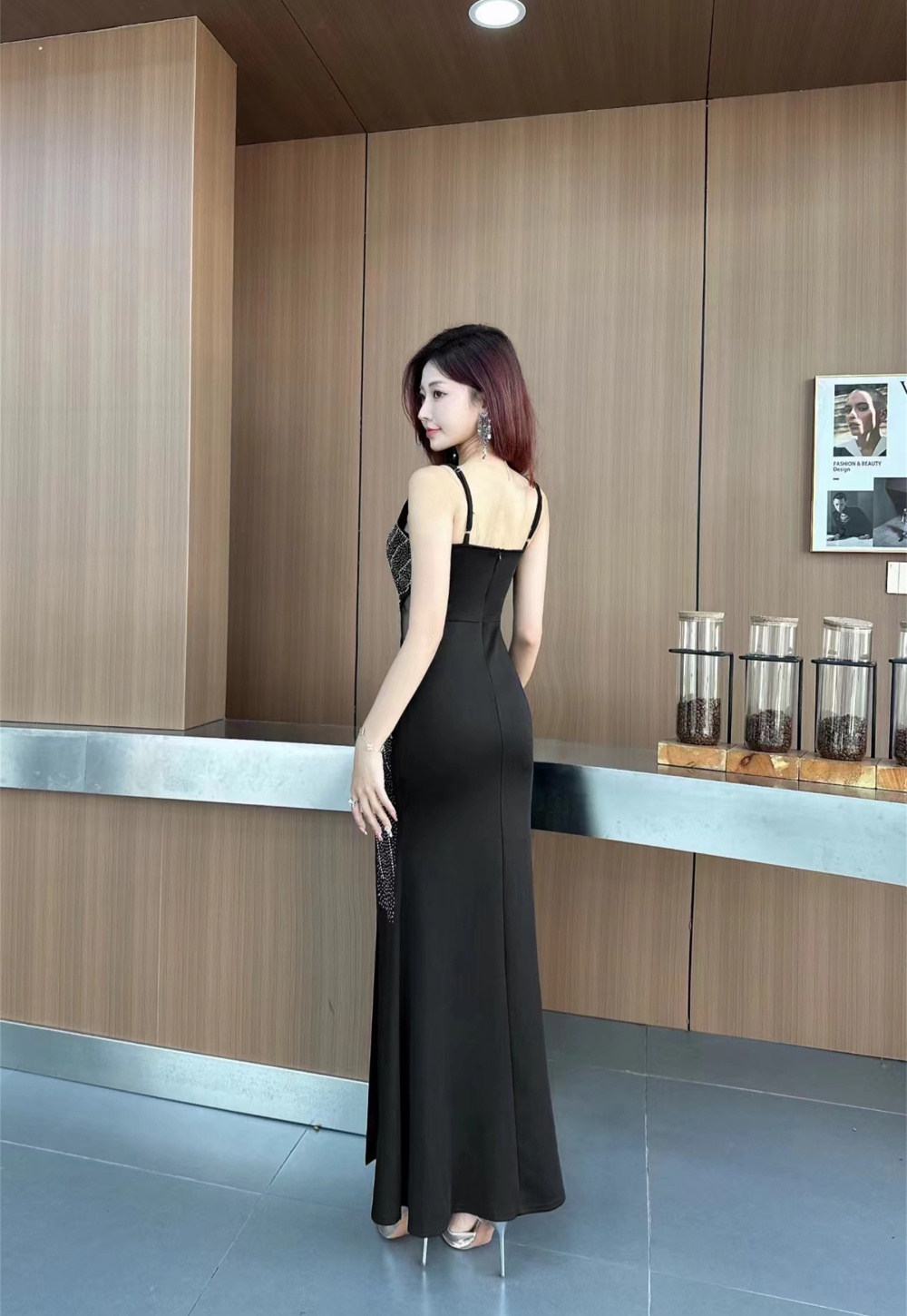 Sling sexy temperament host black evening dress