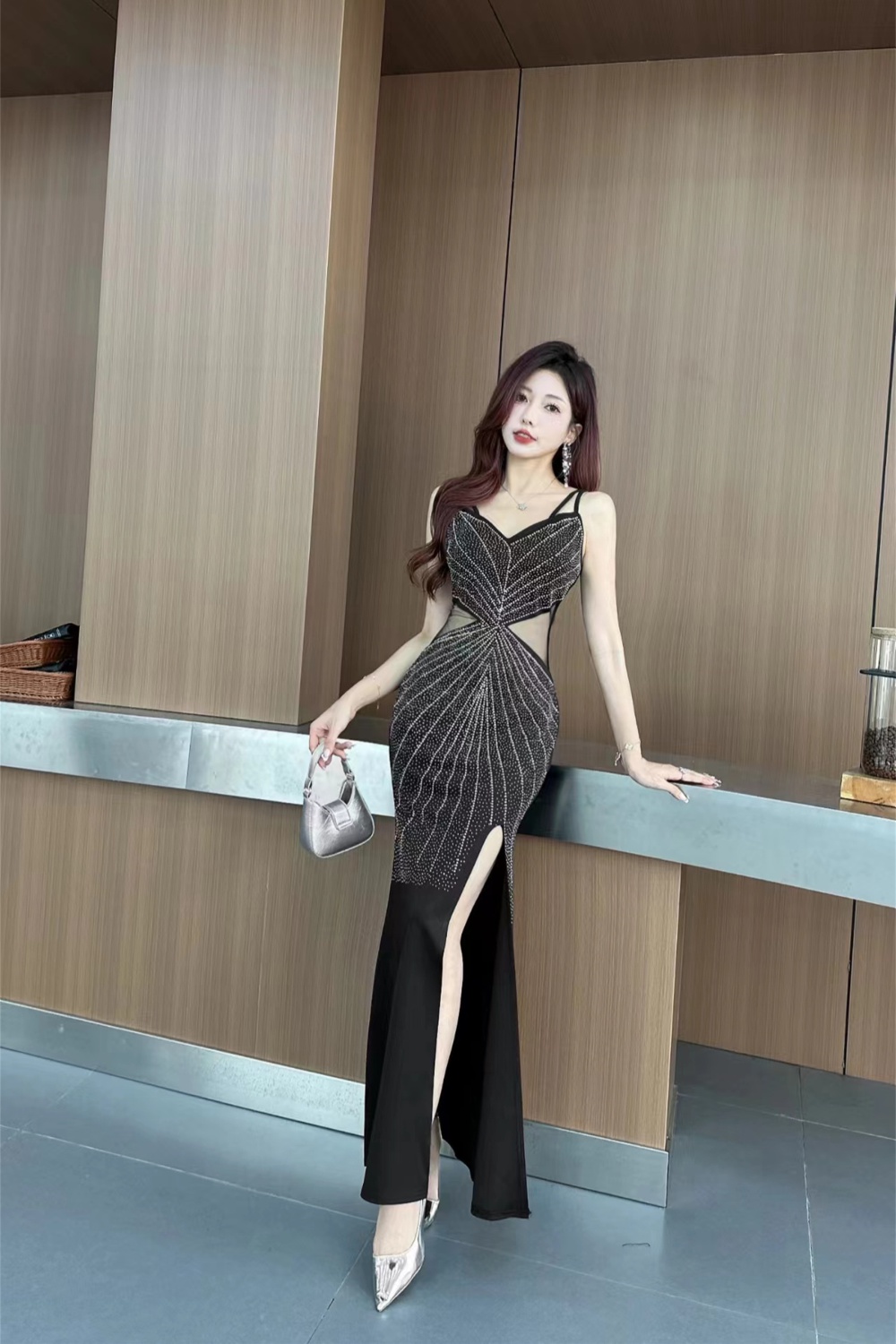 Sling sexy temperament host black evening dress