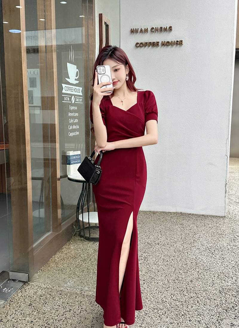 Slim tight long dress short sleeve dress for women