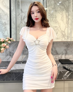 Tight sexy short sleeve elasticity gauze strapless dress