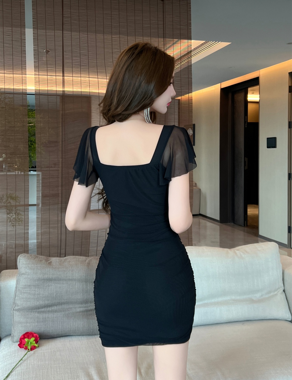 Tight sexy short sleeve elasticity gauze strapless dress