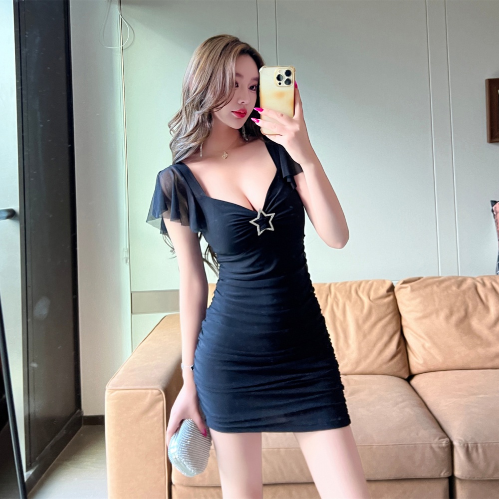 Tight sexy short sleeve elasticity gauze strapless dress