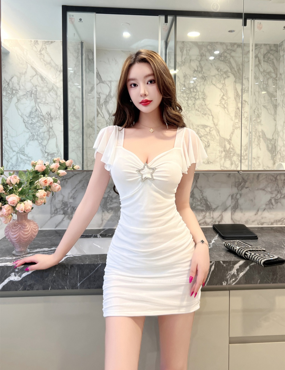 Tight sexy short sleeve elasticity gauze strapless dress