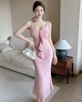 Slim long dress lotus leaf edges sling formal dress