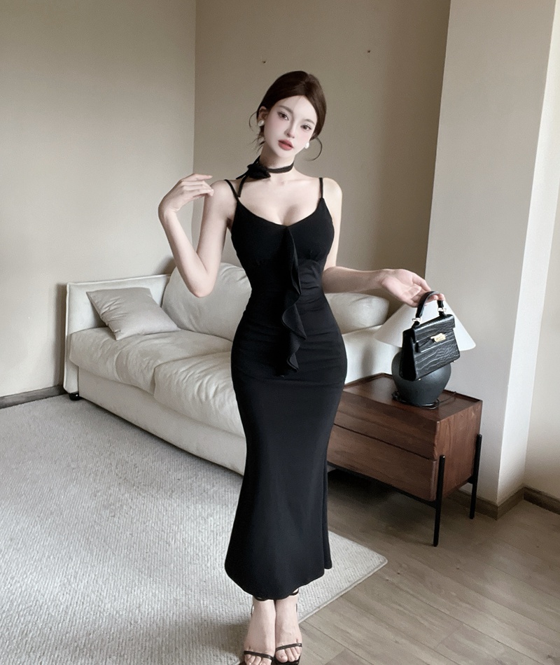 Slim long dress lotus leaf edges sling formal dress