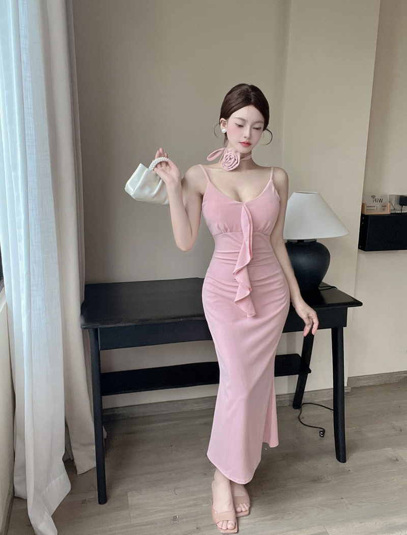 Slim long dress lotus leaf edges sling formal dress