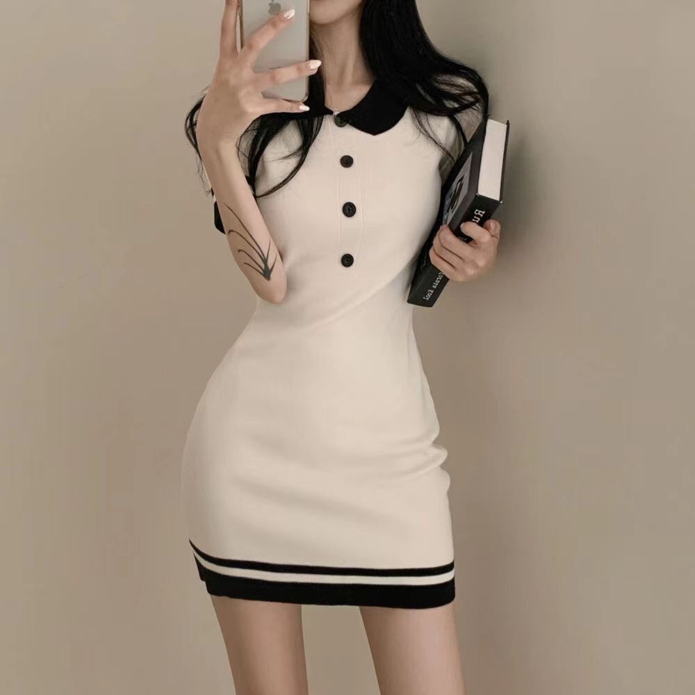 Breasted Korean style slim pinched waist college style dress