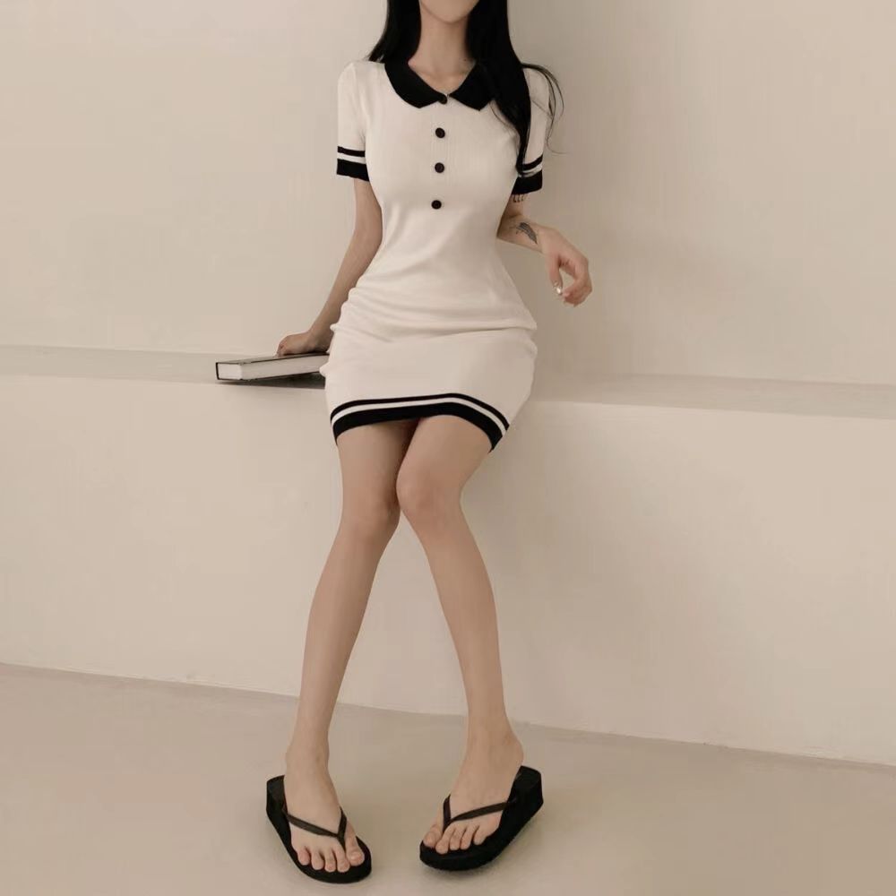 Breasted Korean style slim pinched waist college style dress