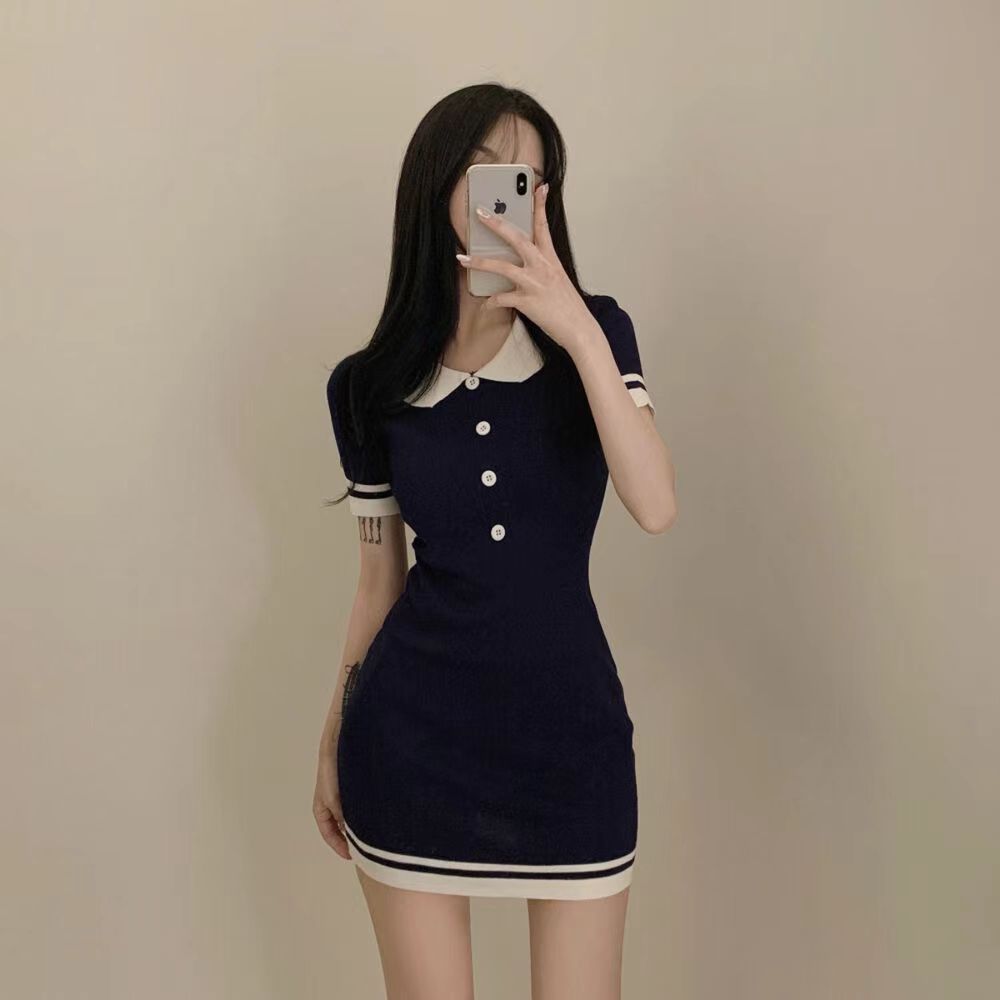 Breasted Korean style slim pinched waist college style dress