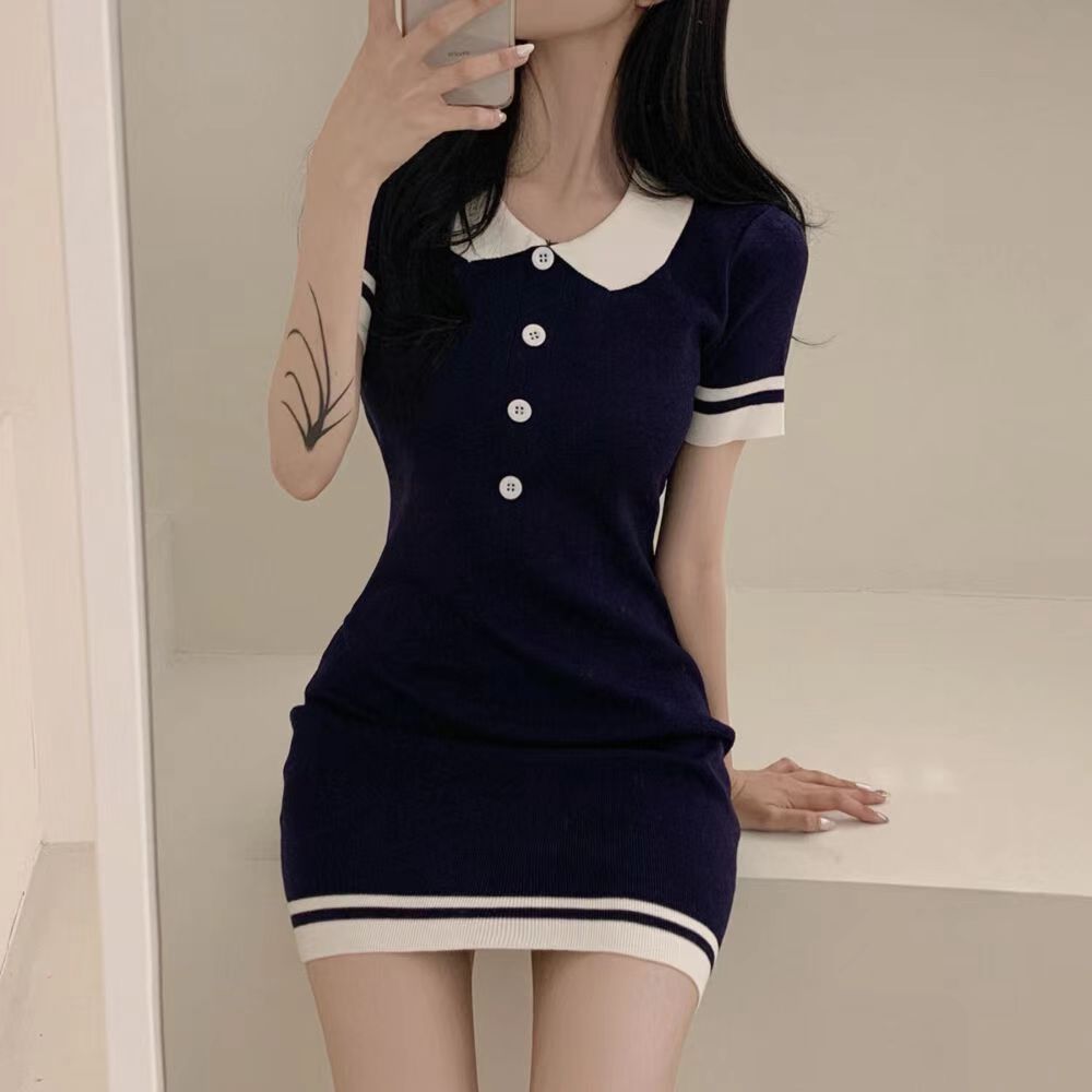 Breasted Korean style slim pinched waist college style dress