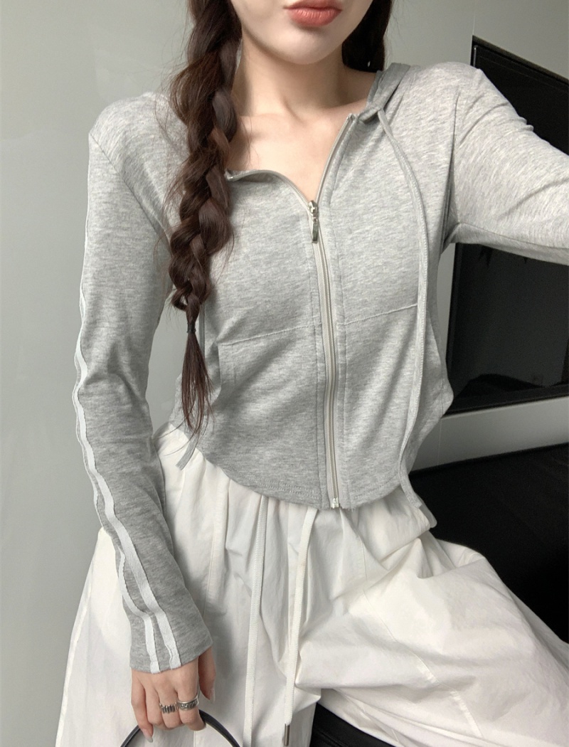 Long sleeve gray slim T-shirt hooded irregular cardigan